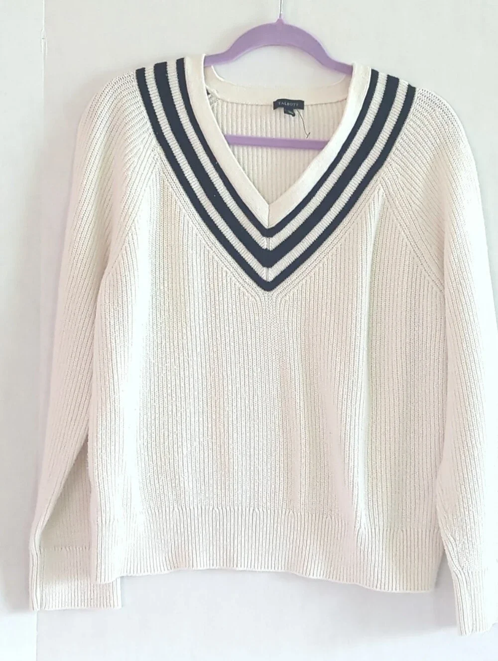 Talbots White w Black Accent Stripes Ribbed V-neck Pull Over Sweater Size XL
